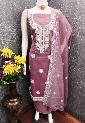 Brown chanderi  embroidered unstitched dressmaterials 3 pair top bottom dupptaa 3