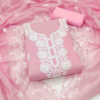 Pink chanderi  embroidered unstitched dressmaterials 3 pair top bottom dupptaa 1