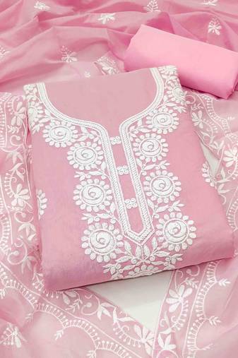 pink chanderi embroidered unstitched dressmaterials 3 pair top bottom dupptaa
