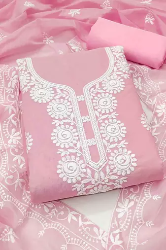 pink chanderi embroidered unstitched dressmaterials 3 pair top bottom dupptaa