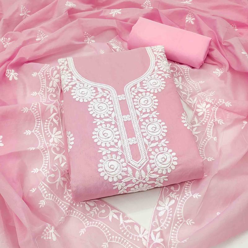 Pink chanderi  embroidered unstitched dressmaterials 3 pair top bottom dupptaa