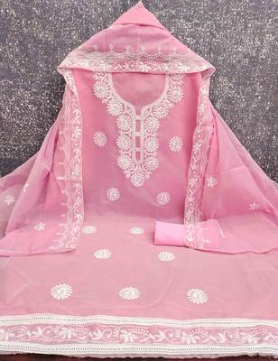 Pink chanderi  embroidered unstitched dressmaterials 3 pair top bottom dupptaa 2
