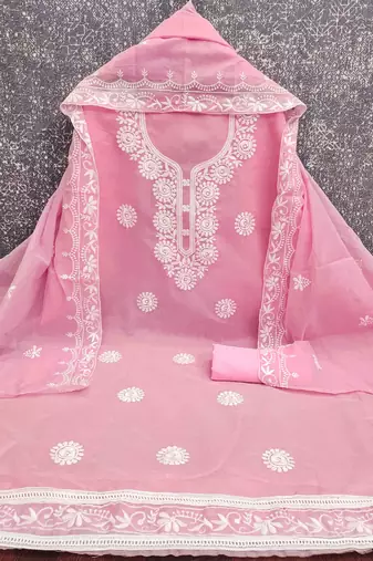pink chanderi embroidered unstitched dressmaterials 3 pair top bottom dupptaa