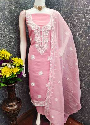 Pink chanderi  embroidered unstitched dressmaterials 3 pair top bottom dupptaa 3