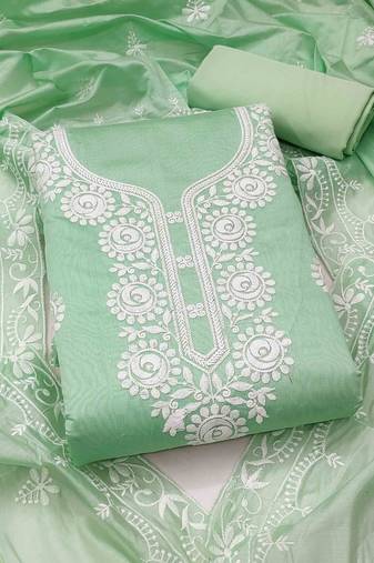 sea green chanderi embroidered unstitched dressmaterials 3 pair top bottom dupptaa