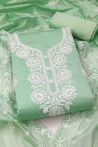 sea green chanderi embroidered unstitched dressmaterials 3 pair top bottom dupptaa