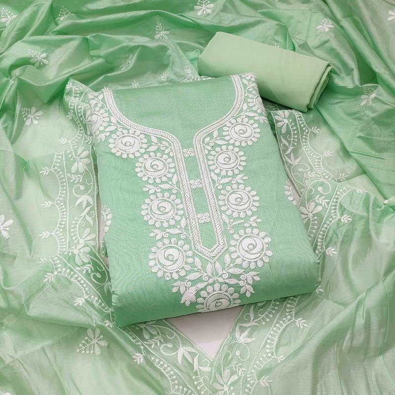 Sea green chanderi  embroidered unstitched dressmaterials 3 pair top bottom dupptaa