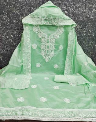 Sea green chanderi  embroidered unstitched dressmaterials 3 pair top bottom dupptaa 2