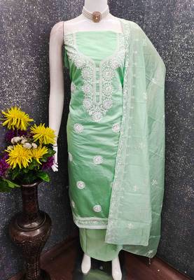 Sea green chanderi  embroidered unstitched dressmaterials 3 pair top bottom dupptaa 3