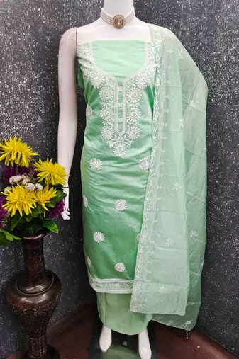 sea green chanderi embroidered unstitched dressmaterials 3 pair top bottom dupptaa
