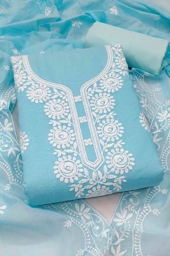 sky chanderi embroidered unstitched dressmaterials 3 pair top bottom dupptaa