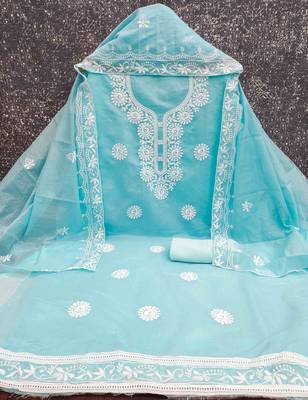 Sky chanderi  embroidered unstitched dressmaterials 3 pair top bottom dupptaa 2