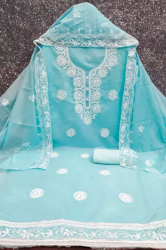 sky chanderi embroidered unstitched dressmaterials 3 pair top bottom dupptaa