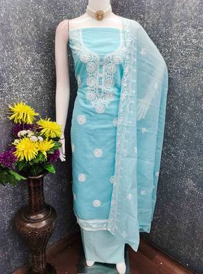 Sky chanderi  embroidered unstitched dressmaterials 3 pair top bottom dupptaa 3