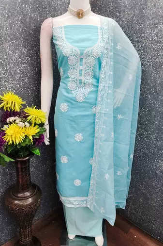 sky chanderi embroidered unstitched dressmaterials 3 pair top bottom dupptaa