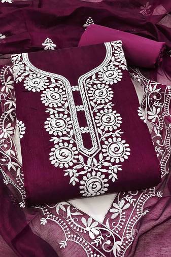 wine chanderi embroidered unstitched dressmaterials 3 pair top bottom dupptaa