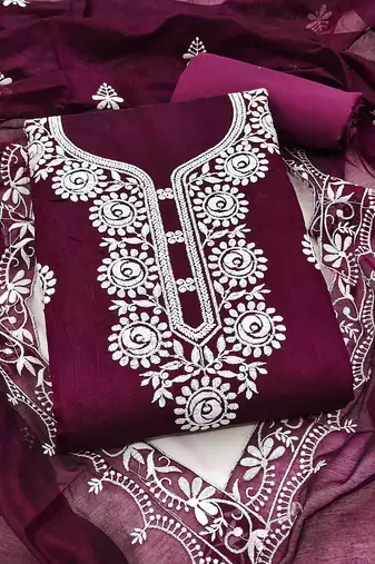 wine chanderi embroidered unstitched dressmaterials 3 pair top bottom dupptaa