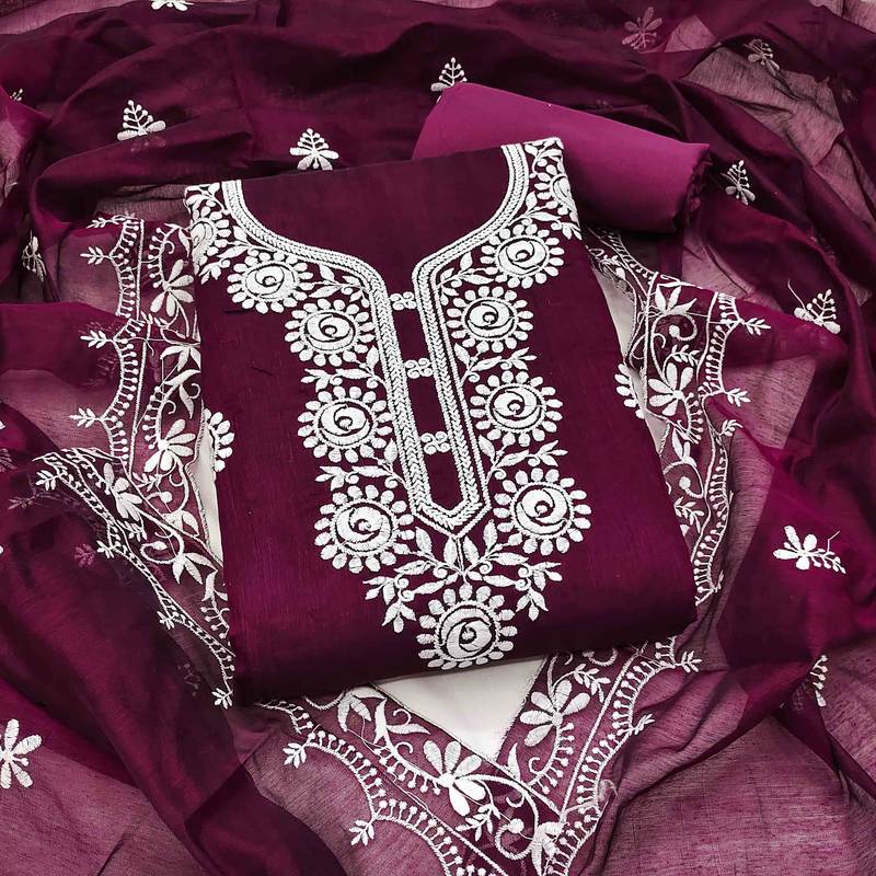 Wine chanderi  embroidered unstitched dressmaterials 3 pair top bottom dupptaa