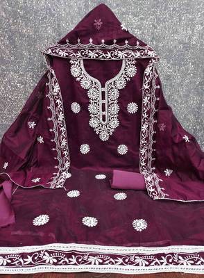 Wine chanderi  embroidered unstitched dressmaterials 3 pair top bottom dupptaa 2