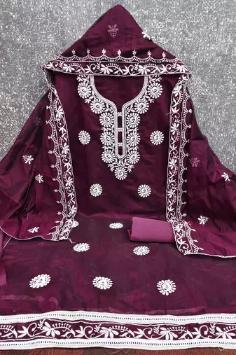 wine chanderi embroidered unstitched dressmaterials 3 pair top bottom dupptaa