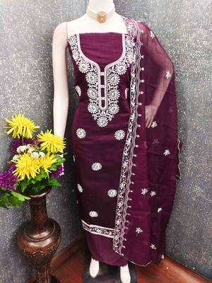 Wine chanderi  embroidered unstitched dressmaterials 3 pair top bottom dupptaa 3
