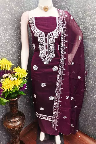 wine chanderi embroidered unstitched dressmaterials 3 pair top bottom dupptaa