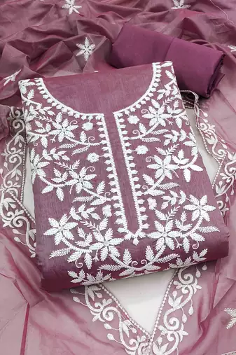 brown chanderi embroidered unstitched dressmaterials 3 pair top bottom dupptaa