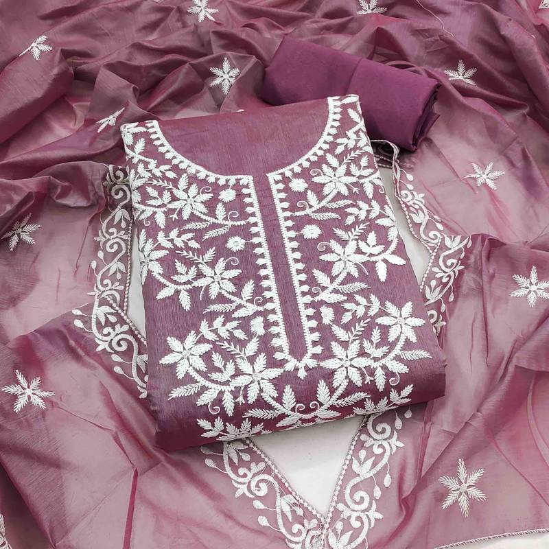 Brown chanderi  embroidered unstitched dressmaterials 3 pair top bottom dupptaa