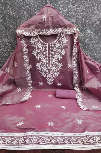 brown chanderi embroidered unstitched dressmaterials 3 pair top bottom dupptaa