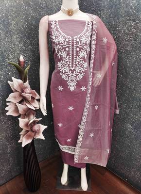 Brown chanderi  embroidered unstitched dressmaterials 3 pair top bottom dupptaa 3