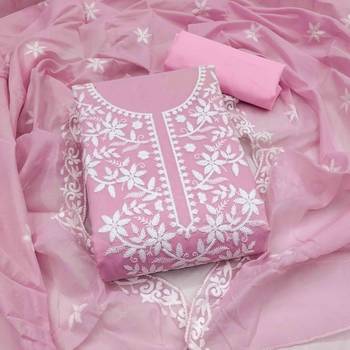 Pink chanderi  embroidered unstitched dressmaterials 3 pair top bottom dupptaa 1