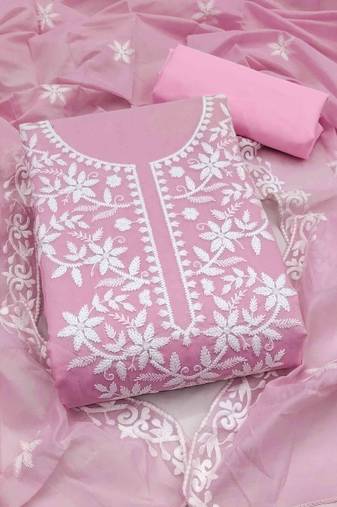 pink chanderi embroidered unstitched dressmaterials 3 pair top bottom dupptaa
