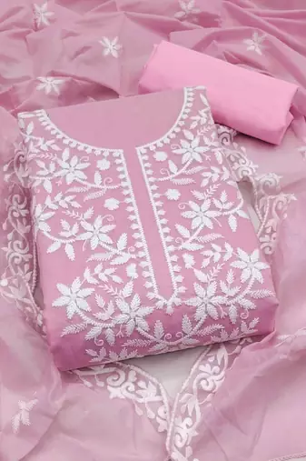 pink chanderi embroidered unstitched dressmaterials 3 pair top bottom dupptaa