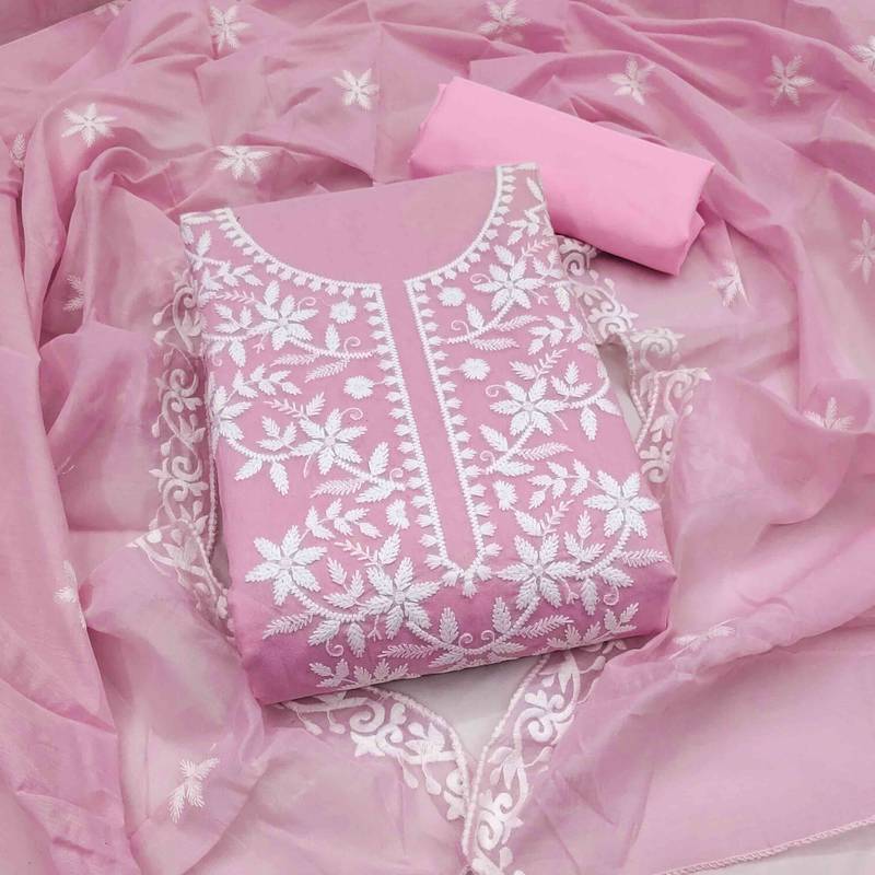 Pink chanderi  embroidered unstitched dressmaterials 3 pair top bottom dupptaa