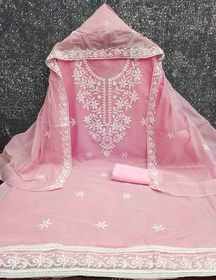 Pink chanderi  embroidered unstitched dressmaterials 3 pair top bottom dupptaa 2