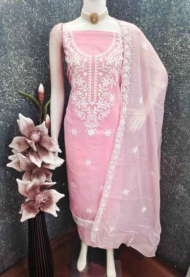 Pink chanderi  embroidered unstitched dressmaterials 3 pair top bottom dupptaa 3