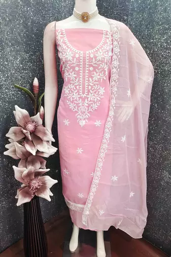 pink chanderi embroidered unstitched dressmaterials 3 pair top bottom dupptaa