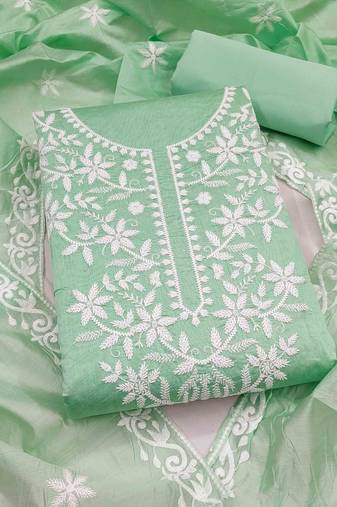 sea green chanderi embroidered unstitched dressmaterials 3 pair top bottom dupptaa