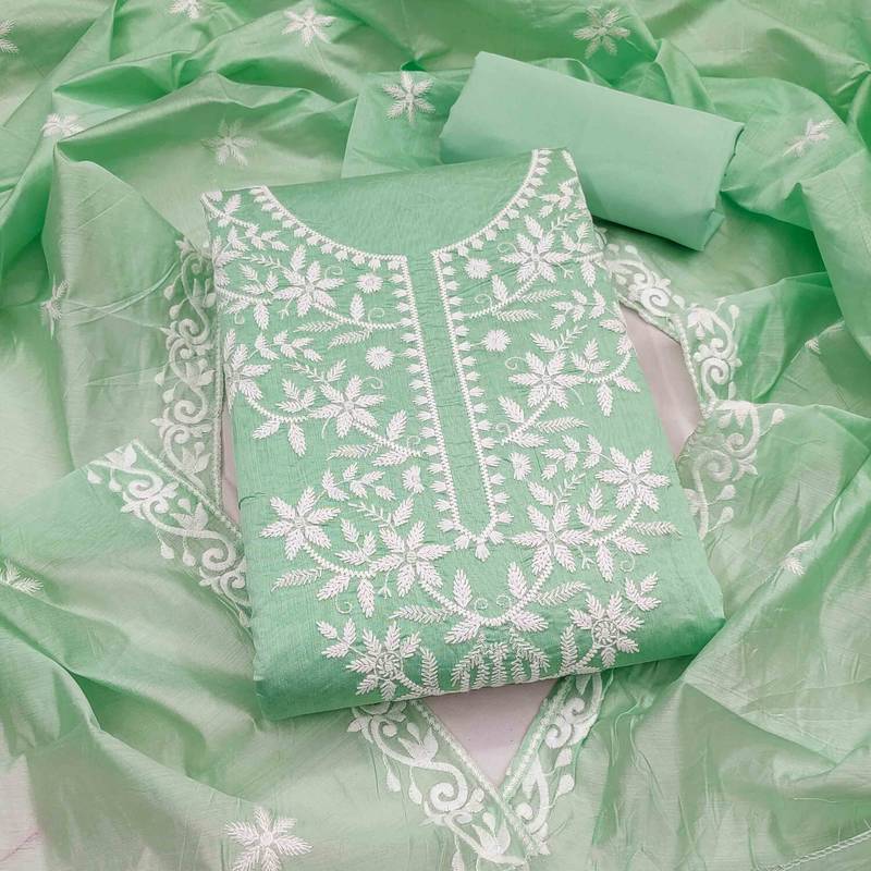 Sea green chanderi  embroidered unstitched dressmaterials 3 pair top bottom dupptaa