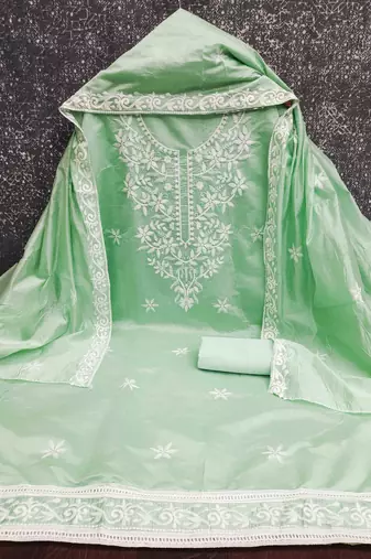 sea green chanderi embroidered unstitched dressmaterials 3 pair top bottom dupptaa