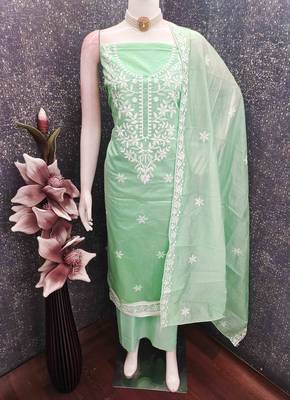 Sea green chanderi  embroidered unstitched dressmaterials 3 pair top bottom dupptaa 3