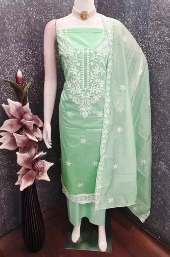 sea green chanderi embroidered unstitched dressmaterials 3 pair top bottom dupptaa