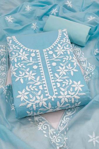 sky chanderi embroidered unstitched dressmaterials 3 pair top bottom dupptaa