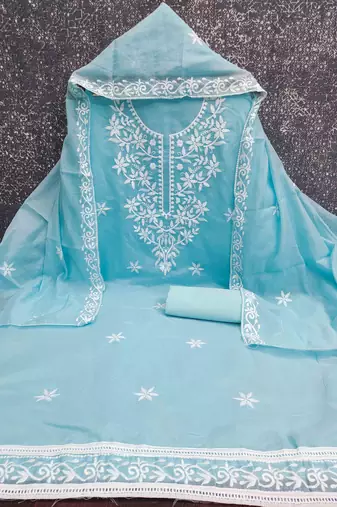 sky chanderi embroidered unstitched dressmaterials 3 pair top bottom dupptaa