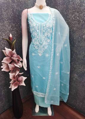 Sky chanderi  embroidered unstitched dressmaterials 3 pair top bottom dupptaa 3