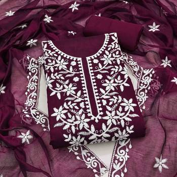 Wine chanderi  embroidered unstitched dressmaterials 3 pair top bottom dupptaa 1