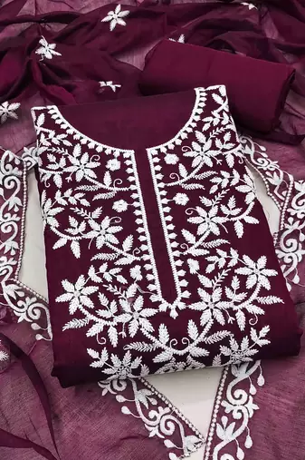 wine chanderi embroidered unstitched dressmaterials 3 pair top bottom dupptaa