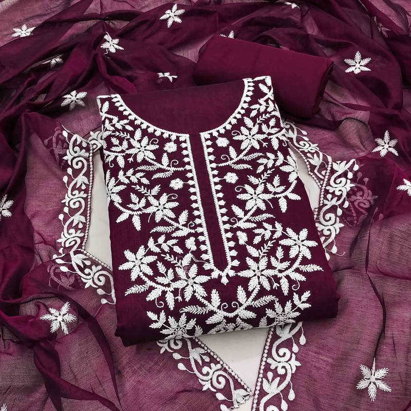 Wine chanderi  embroidered unstitched dressmaterials 3 pair top bottom dupptaa