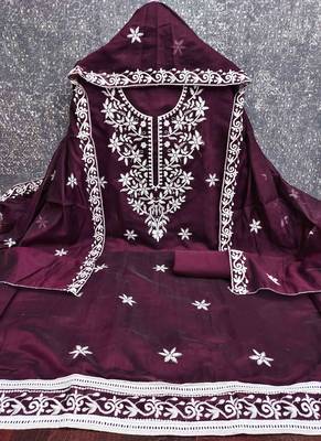 Wine chanderi  embroidered unstitched dressmaterials 3 pair top bottom dupptaa 2
