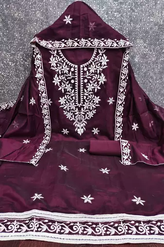 wine chanderi embroidered unstitched dressmaterials 3 pair top bottom dupptaa